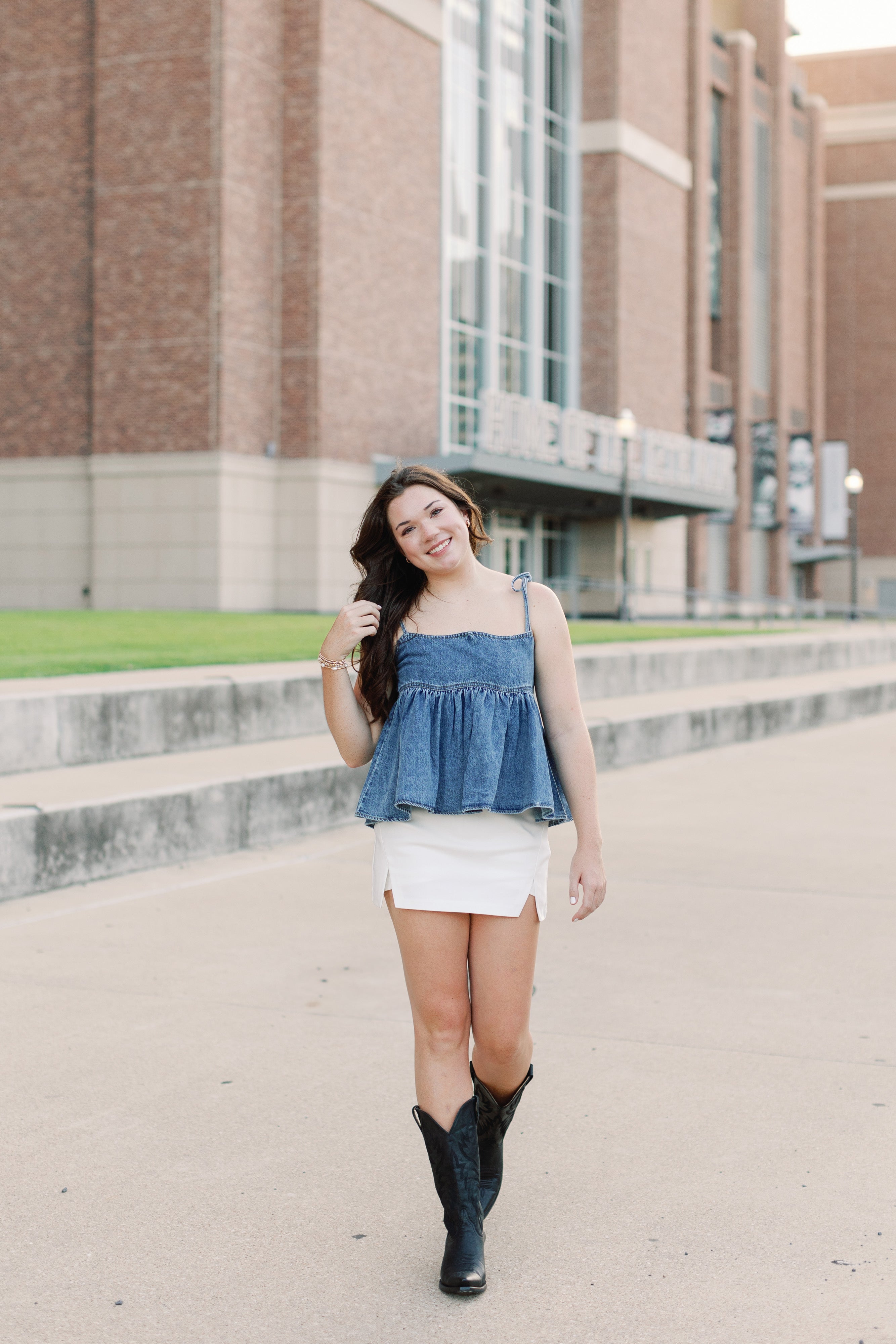 Denim Shoulder Tie Scalloped Tank