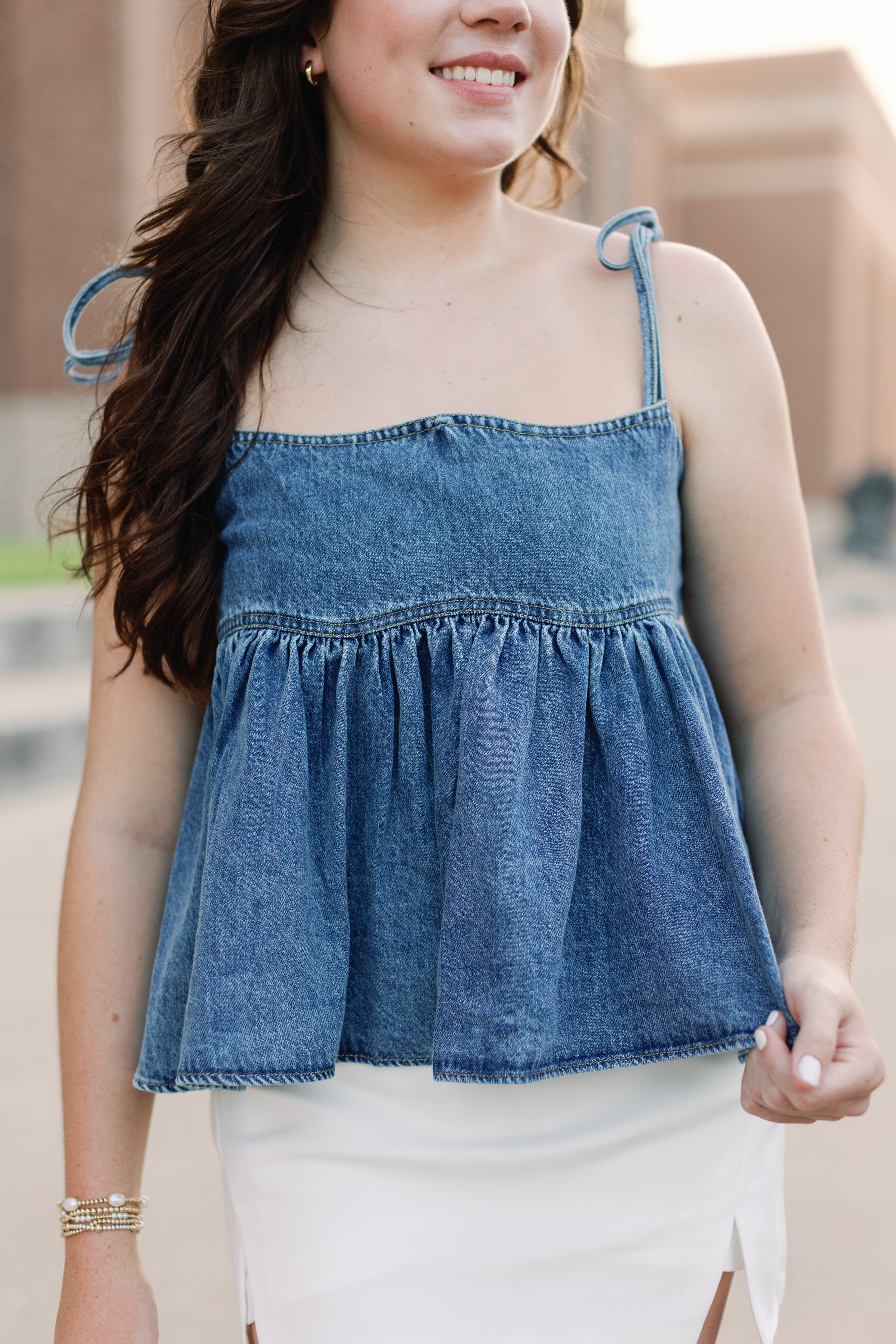 Denim Shoulder Tie Scalloped Tank