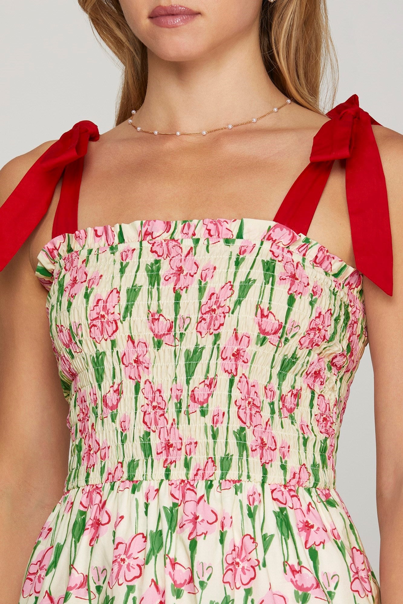 Floral Smocked Shoulder Tie Maxi Dress