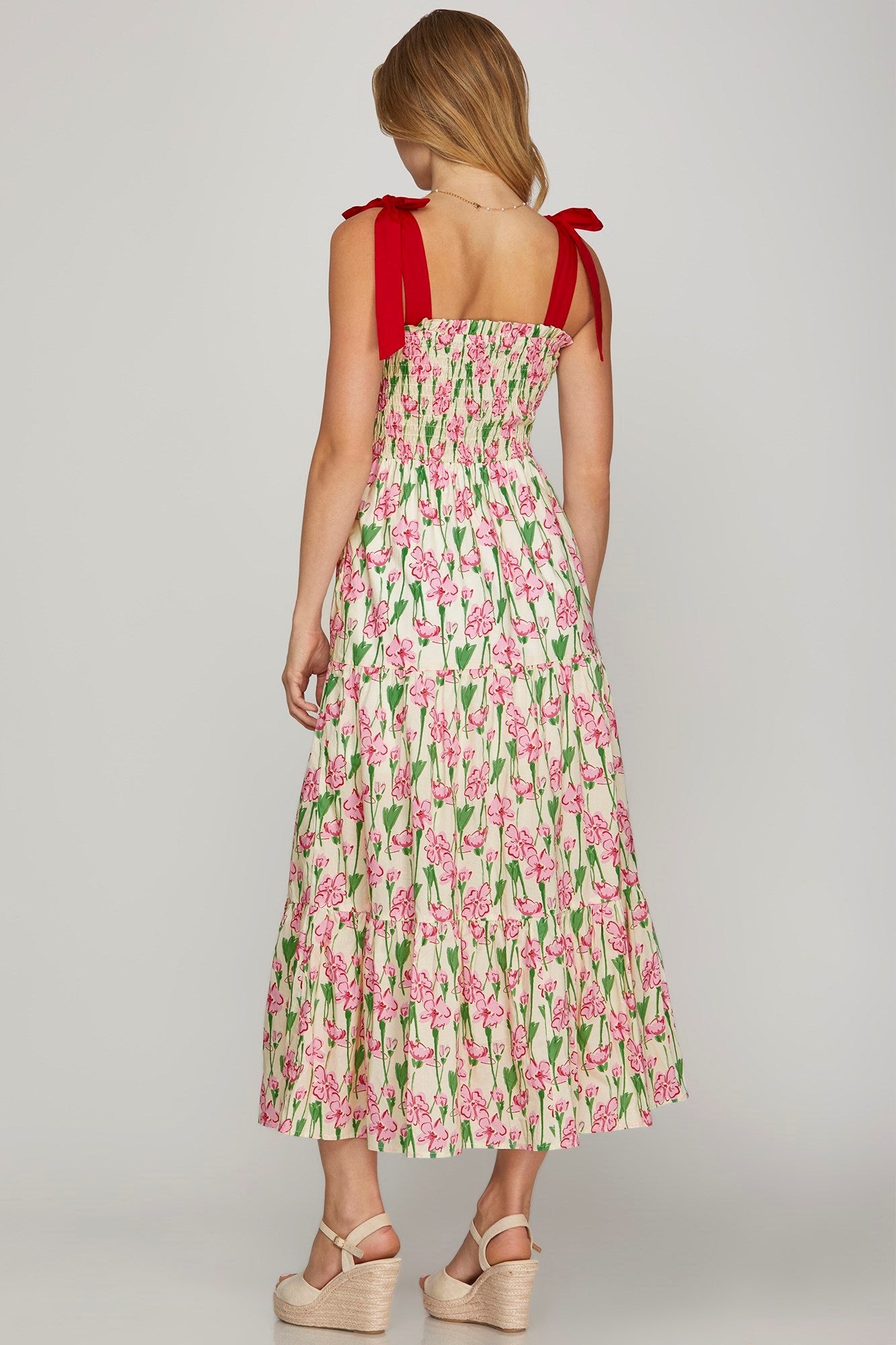 Floral Smocked Shoulder Tie Maxi Dress