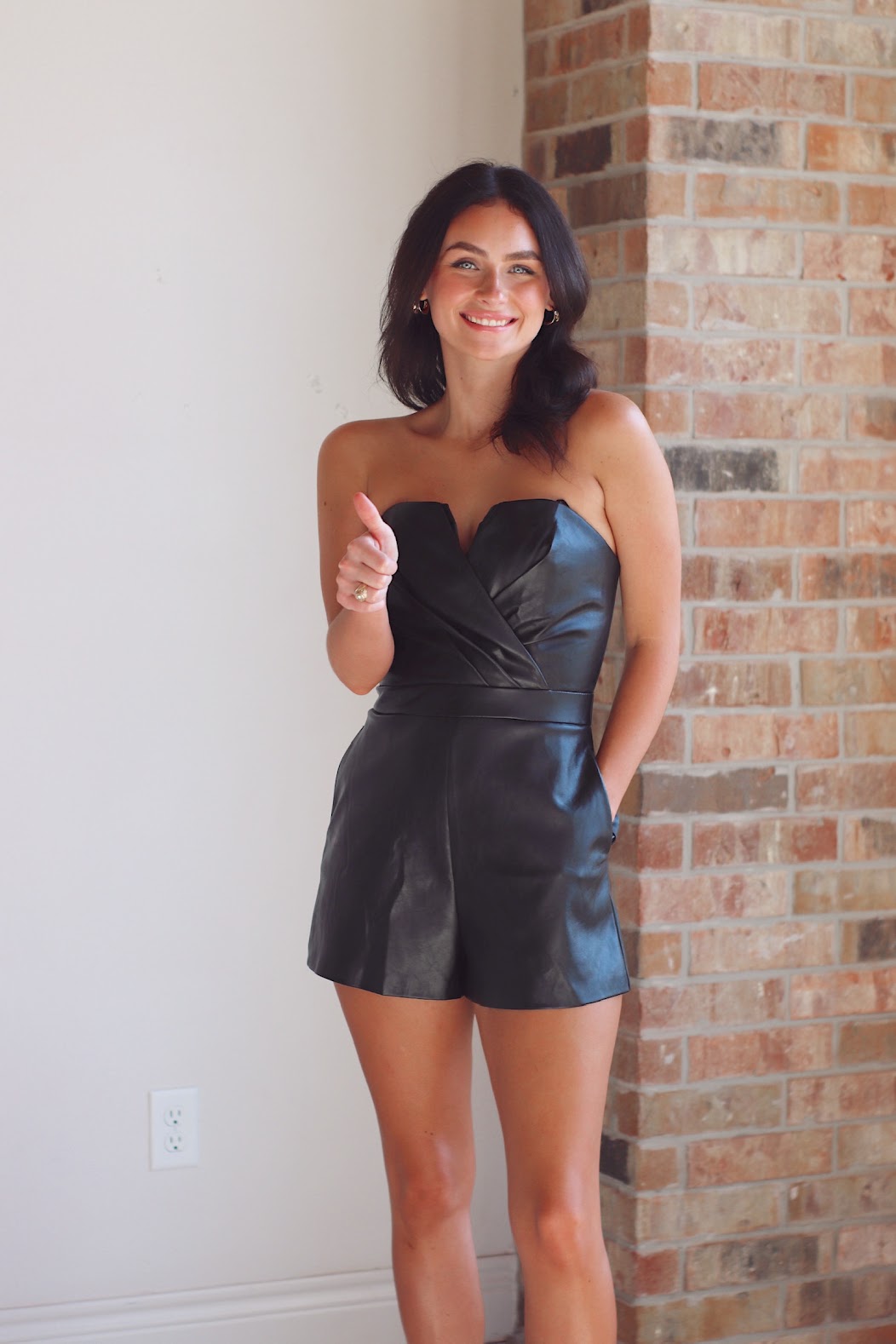 Faux Leather Strapless Pleated Romper