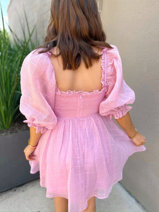 Monochromatic Plaid Puff Sleeve Dress