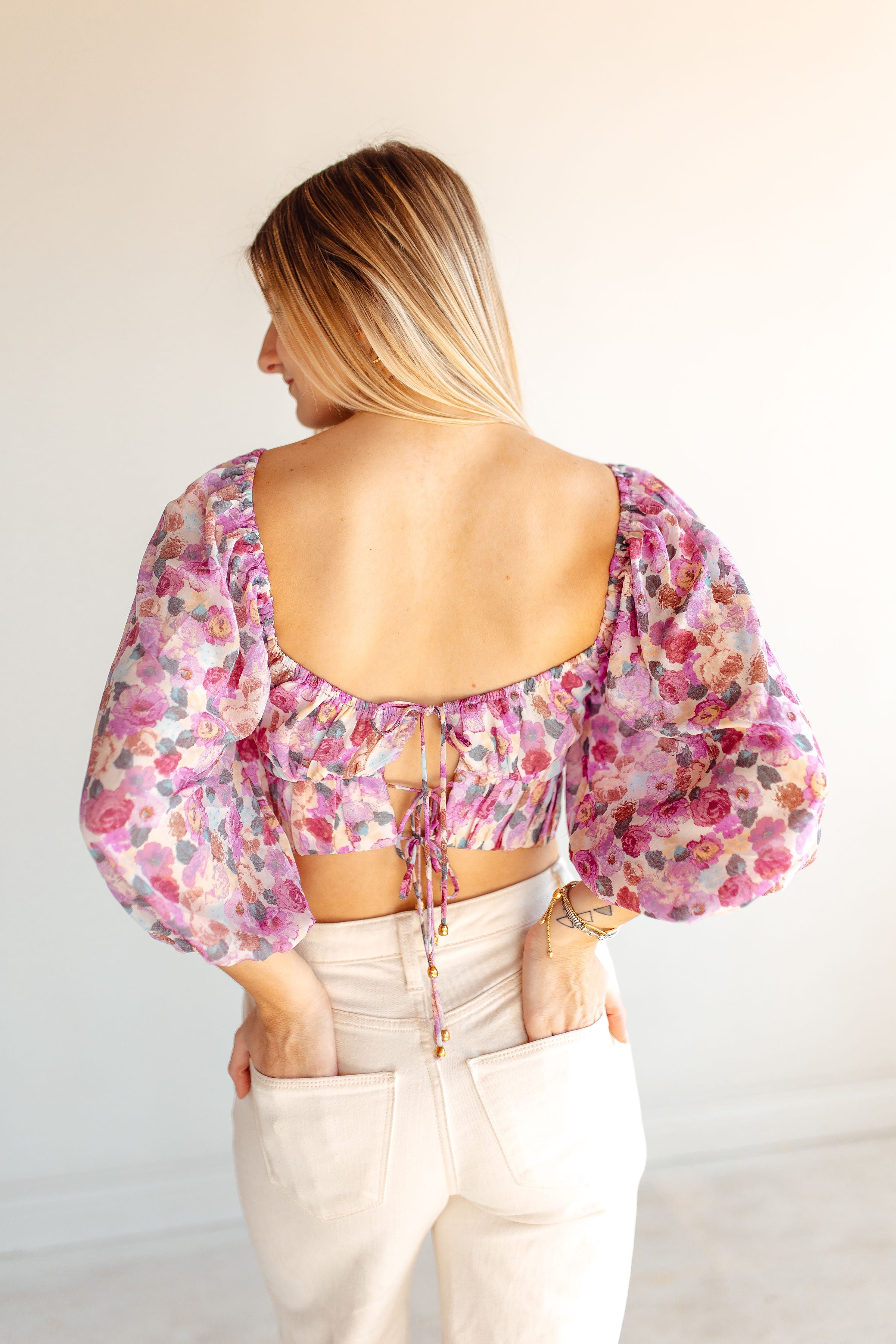 Floral Ruched Bust Lace Up Back Crop